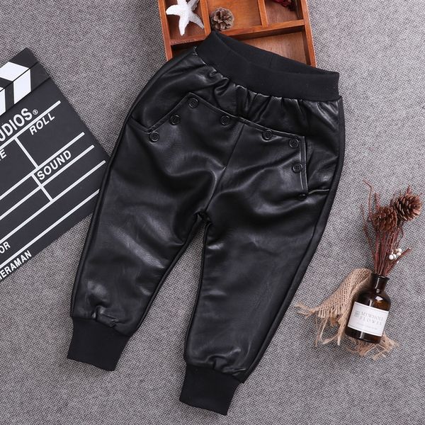 

2019 tight winter new children's leather pants korean style velvet thickened boys' leggings pu leather harem pants, Blue