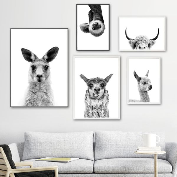 

kangaroo sloth alpaca black white nordic animal posters and prints wall art canvas painting kids wall pictures for living room