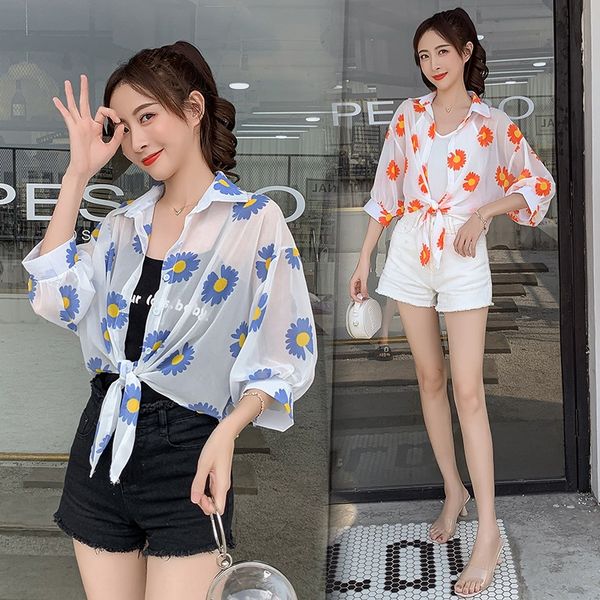 

jzjlu 2020 new floral daisy thin chiffon sunscreen air conditioning shirt women's summer sunscreen clothing super fairy loose air-condi, White
