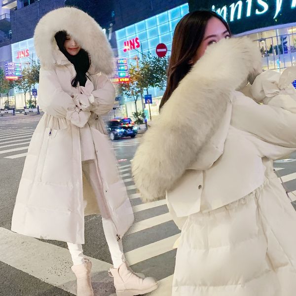 

iabre korean anti-season 2020 new thickened large fur collar fashionable loose mid-length over-the-knee down jacket fairy down jacket for wo, Black