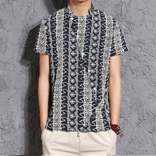 

men's casual shirts chinese style pullover short shirt foreign trade vintage ethinic simple streetwear dress plus size, White;black