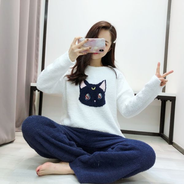 

soft beautiful girl pajamas female winter ins clothes set warm home suit wind net red thickened warm home clothes set badminton yarn, Blue;red