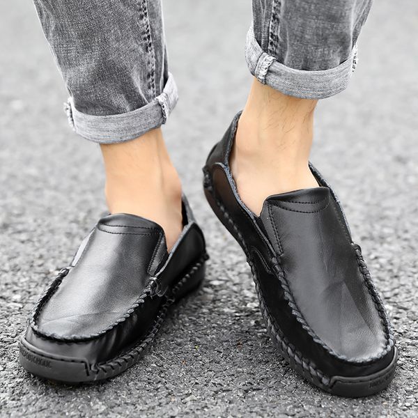 

suovekgo genuine leather men's driving shoes easy shoes lazy flat summer autumn men footwear casual fishshoes loafer, Black
