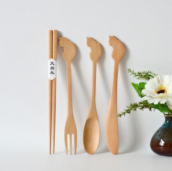 Japon Stili Zakka Ahşap Karikatür Hayvan Ahşap Kaşık Çatal Bıçak Chopsticks Beech bulaşığı Öğrenci bulaşığı Seti Seyahat Yemek takımı Seti