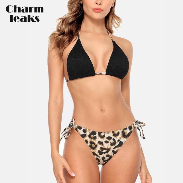 

women's swimwear women bikini set leopard print swimsuit halter strappy side bandaged bathing suit push up beachwear, White;black