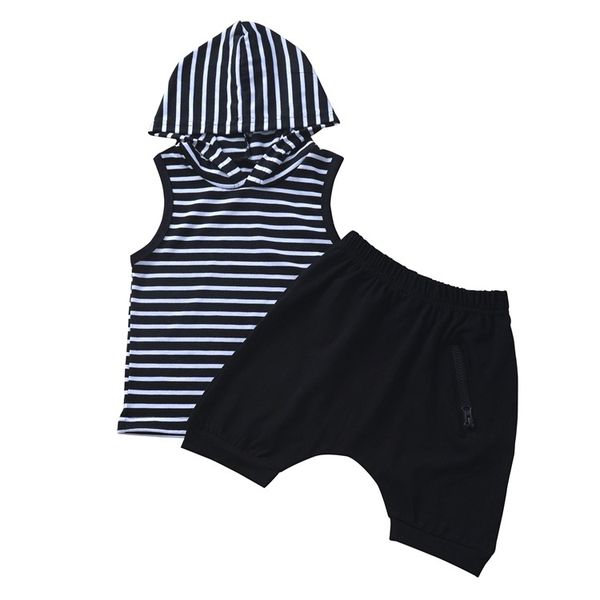 

clothing sets baby boys summer outfits suits stripe sleeveless vest hooded and solid black shorts casual clothes, White