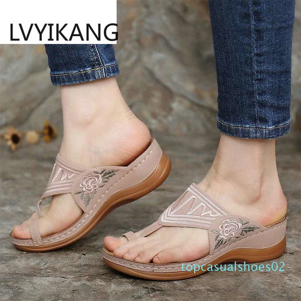 

slippers women clip toe sandals shoes summer ladies flats platform embroidery floral female flip flop pu soft woman 2020 t02, Black