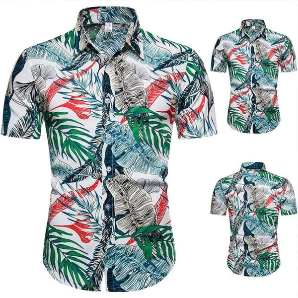

zacoo men hawaii shirt summer lapel short sleeve printing leaves male casual shirt, White;black