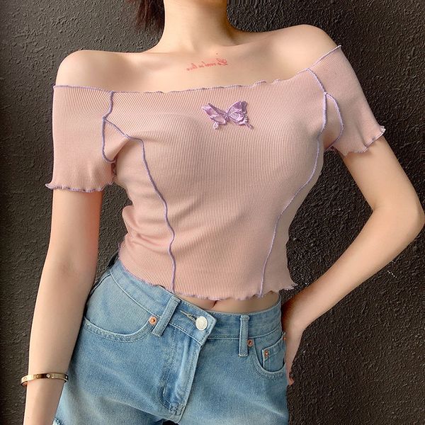 

funny short sleeve off shoulder animal print 2020 slim women shirts summer korean clothes aesthetic butterfly shirt, White