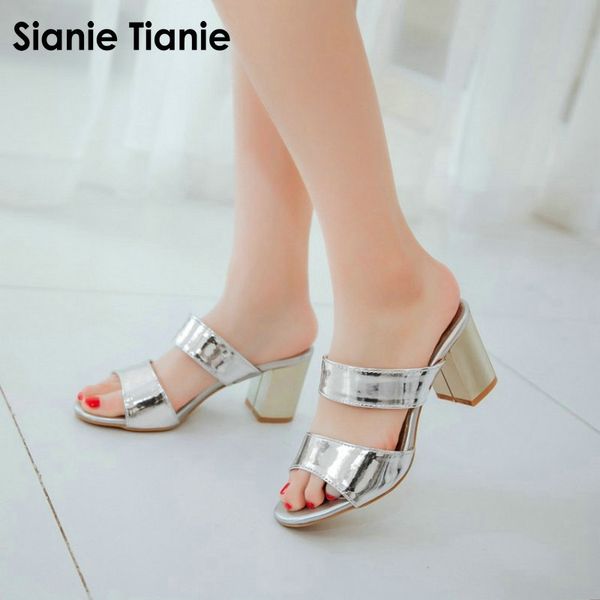 

sandals sianie tianie 2021 summer patent pu leather open toe silver women mules slippers fashion casual woman large size 43 45, Black