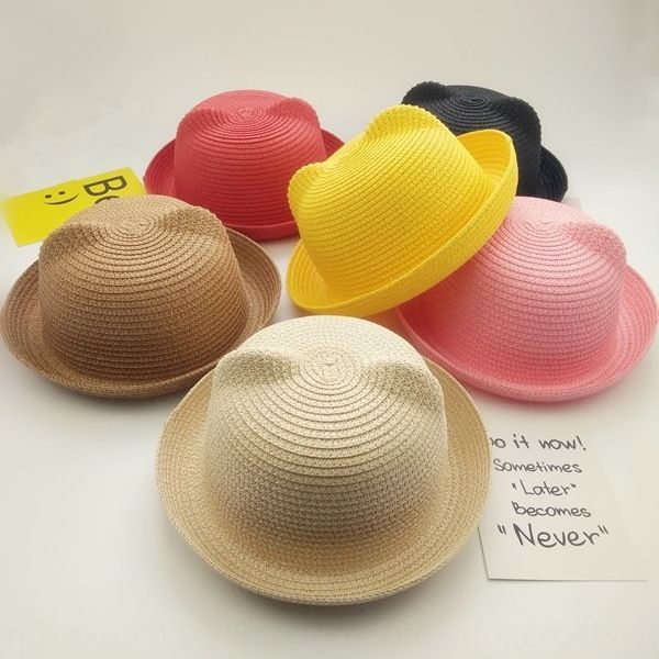 

2020 new children's cartoon straw all-match summer wo cap straw men women cap men's and women's hat cute cat ear sun hat, Yellow
