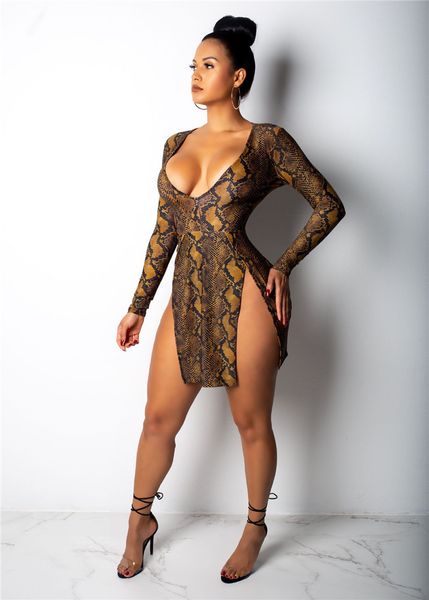 

women dresses split deep v-neck leopard dresses fashion natural color long sleeve dresses women designer clothes, Black;gray