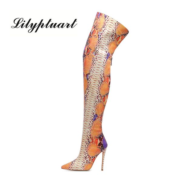 

2020 european and american style mixed material fashion boots pointed super high heel large size over knee women's boots, Black