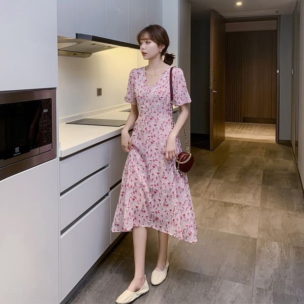 

2020 new summer tea break platycodon grandiflorum french slimming chiffon chic gentle dress fairy first love floral dress, Black;gray