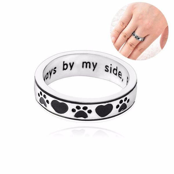 

2020 "always by my side,forever in my heart" dog paw print wrap heart ring pet memorial dog lover jewelry, Silver