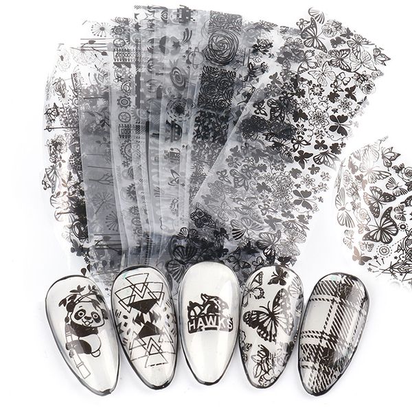 

10pcs butterfly foils sticker mixed black designs geometry panda nail art decoration decals charms manicure nails decal