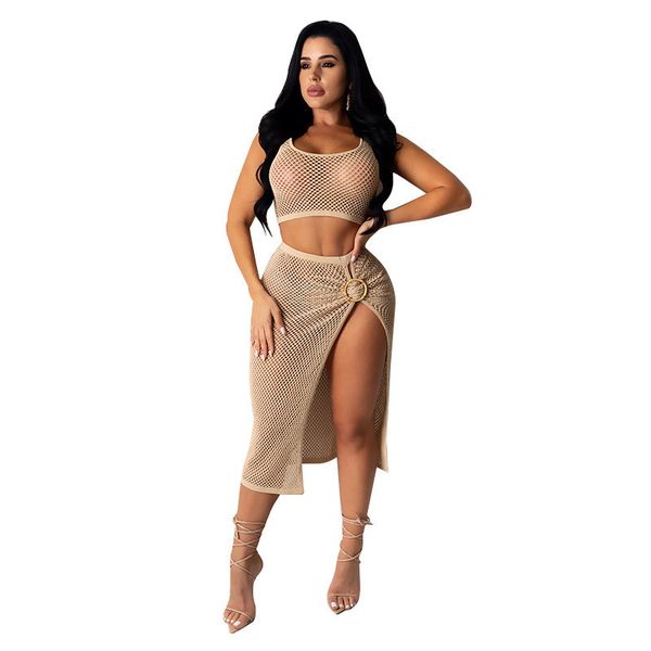 

womens two piece dress designer mesh hollow out suits sleeveless crop mid-calf split dress woman clothes, White