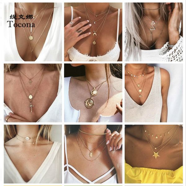 

necklace 15 style bohemian multi-layer virgin mary pendant necklace for women geometric cross moon star chokers chain jewelry, Silver