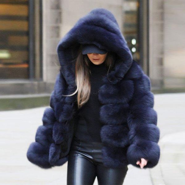 Winter Grosso Quente Faux Pele Casaco Mulheres Plus Size 6XL Com Capuz Manga Longa Faux Fox Fur Jacket Luxo Casacos de Pele de Inverno T200114