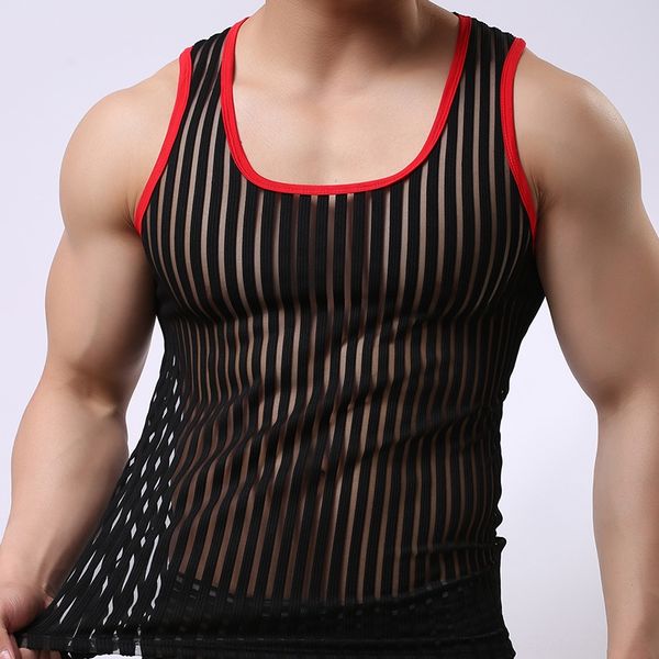 

aqg08 zhejiang yiwu mesh transparent perspective breathable i-shaped trendy zhejiang yiwu mesh transparent vest men' perspective, White;black