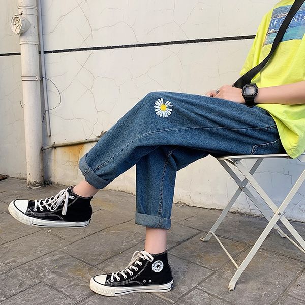 

джинсы джинсы и jeanstrousers и jeansmen стрита свободные цветок маргаритки корейский стиль модные брюки все матч tiktok онлайн красный, Blue