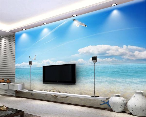 

3d wall paper for bedroom blue sky white cloud beach sea view 3d tv background wall romantic scenery decorative silk mural wallpaper