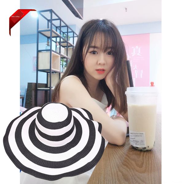 

classic black straw sun and white striped big eaves beach straw hat korean sunshade sun hat, Blue;gray