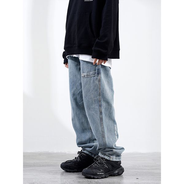 

washed light blue vintage jeans mens fashion street loose straight pants old denim trousers men dad jeans