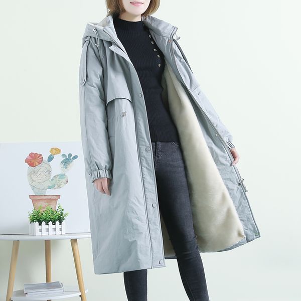 

all-match thicken outerwear autumn women's fleece long coats straight version loose versatile hooded above knee thickness jacke, Black