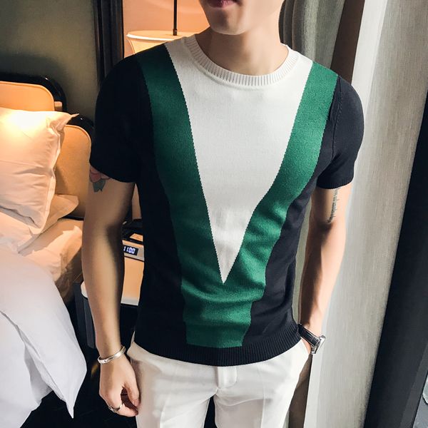 

2020 color splice short sleeve mens knitting t shirt casual t-shirts slim fit 3 color streetwear tshirt homme, White;black