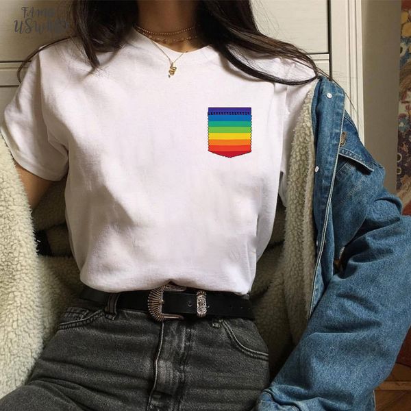 

2020 cool women streetwear camiseta mujer aesthetic women black short sleeve tees girl colorful pocket rainbow t shit harajuku vintage, White