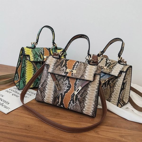 

women's 2019 2019 autumn new women's bag fashion serpentine contrast color portable all-match single shoulder crossbody kelly bag, White