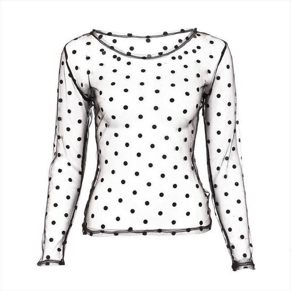 

womens clothing womens long sleeve mesh polka dot shirt casual sheer tank blouse drop shipping, White