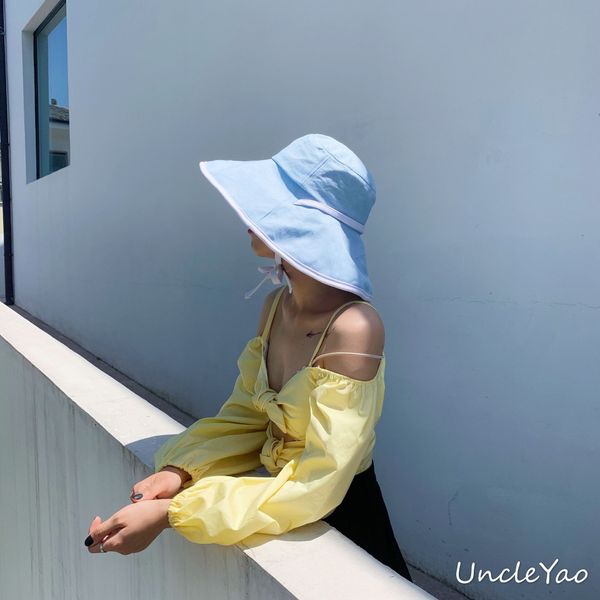 

byfvg large eaves sun female korean style all-match refreshing contrast color strap sun fisherman hat female holiday large fisherman's, Blue;gray
