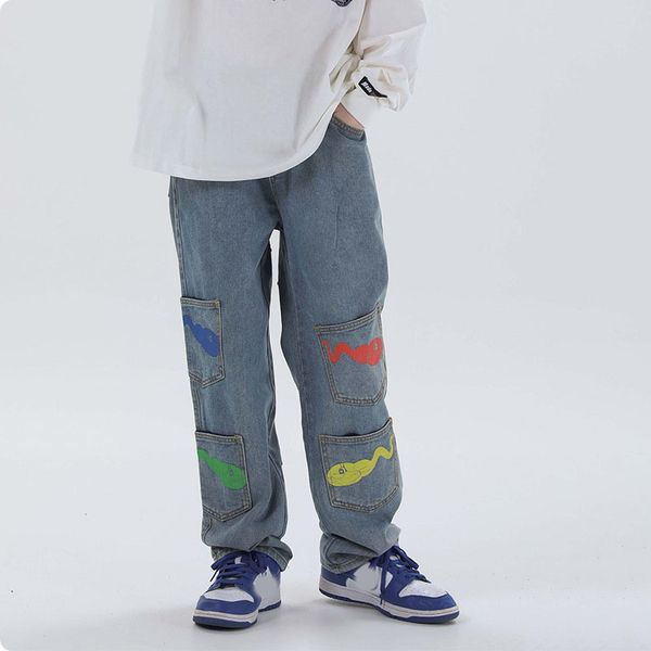 

men's jeans ewq / wear 2021 hip hop black fashion male's tadpole printed multi-pocket casual denim pants high street 9y3235, Blue