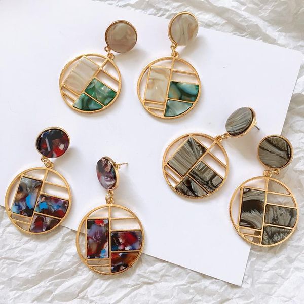 

ztech round gold color metal pendant inset color matching acrylic bohemia ins fashion earrings for women girls popular dress, Silver