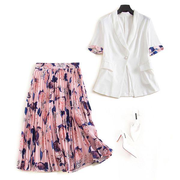 

2020 spring casual work midi skirt sets sweet 2 pieces female suits women printed office blazer pleated skirt suits, White;black