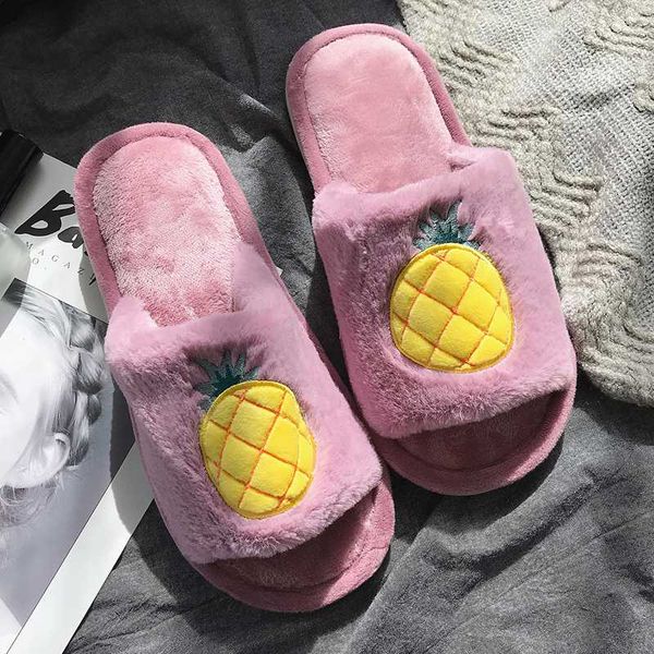 

cartoon fruit home fur slippers women winter warm plush slides pineapple ladies flats shoes strawberry egg home women slipeprs, Black