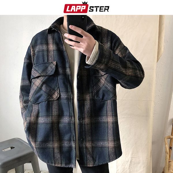 

men's casual shirts lappster men harajuku flannel plaid 2021 mens button up shirt long sleeve autumn streetwear cotton fashion, White;black