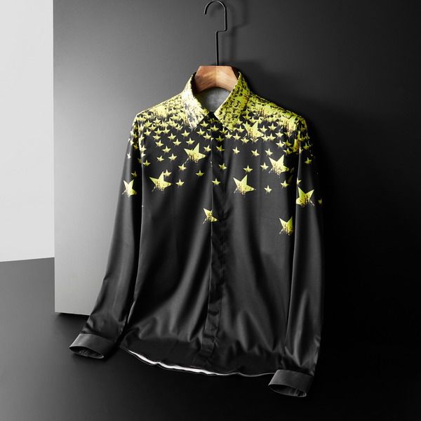 

Mens Shirt Yellow Star Print Pattern Male Casual Fashion Clothes High Quality Comfortable Tops Rugular Long Sleeve Turn-down Collar