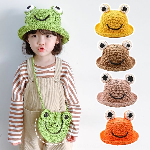

qiu nan autumn 2020 children's straw cute frog girl straw hat bag baby breathable sunshade basin hat, Blue;gray