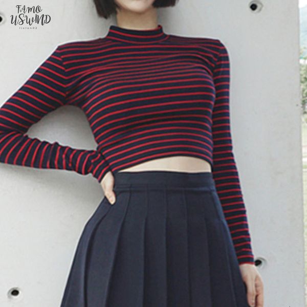 

crop women 2020 chic all match classic stripe slim short bustier crop turtleneck long sleeved t shirt shirts tee, White