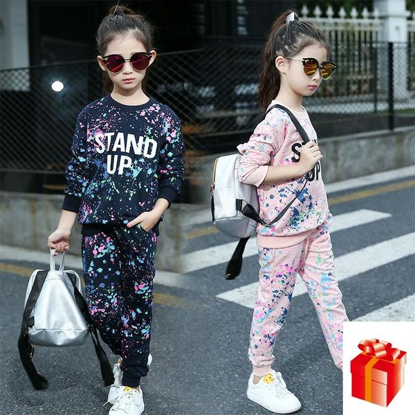 

clothing sets 2021 spring and autumn children's korean graffiti round neck long sleeve sports suit casual sweet two-piece 4-12 year, White