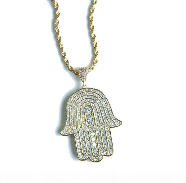

mens lucky hamsa hand pendant necklace hip hop rock style full cubic zirconia 24" rope chain silver gold plated cz men necklace
