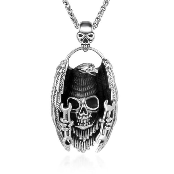 

stainless steel men's punk wrench style skeleton charm pendant customized personalized sliding eagle wing skull head pendants jewelry w, Silver