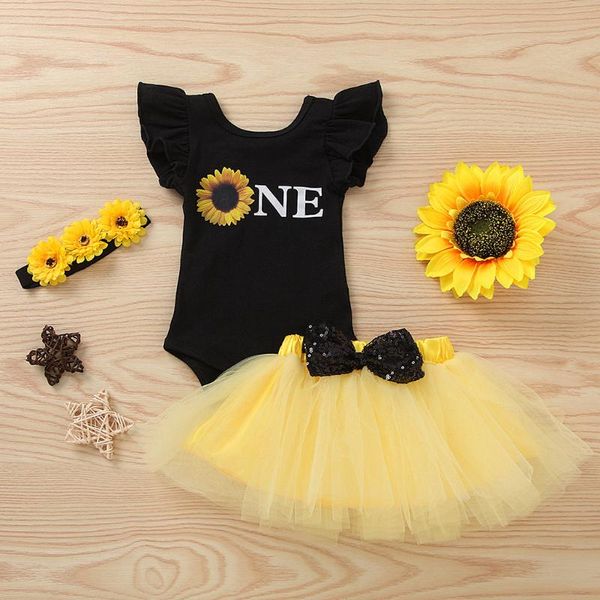 

newborn infant clothing outfit baby girls sunflowers sleeveless bodysuit tulle skirt hairband 3pcs set baby infant girl outfits, White