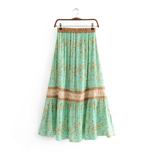 

print women retro floral patchwork midi skirt elastic waist pleated irregular female vintage chic a line skirts, Black