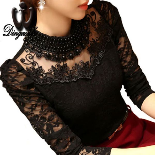 

dingaozlz 5xl lace 2020 blusas new slim plus size lace blouse long sleeve casual shirt beaded openwork women clothing, White
