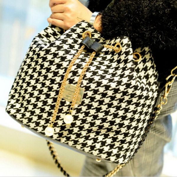 

abdb women houndstooth bag fashion bucket bag canvas patchwork shoulder bag messenger black and white grid