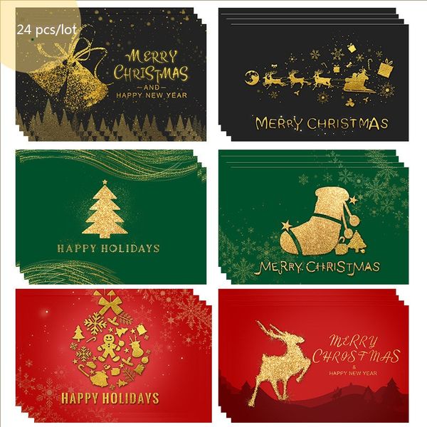 24 pcs / lot Natal Jogo de cartões de Natal de Santa Sino dos desenhos animados Elk sowman postais DIY Ano Novo Saudação presente Xmas Cartões